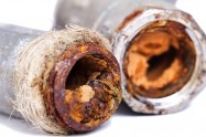 Un tubes coupé en deux laisse apparaître l'embouage, résultat de la corrosion et de l'oxygène présent dans le réseau